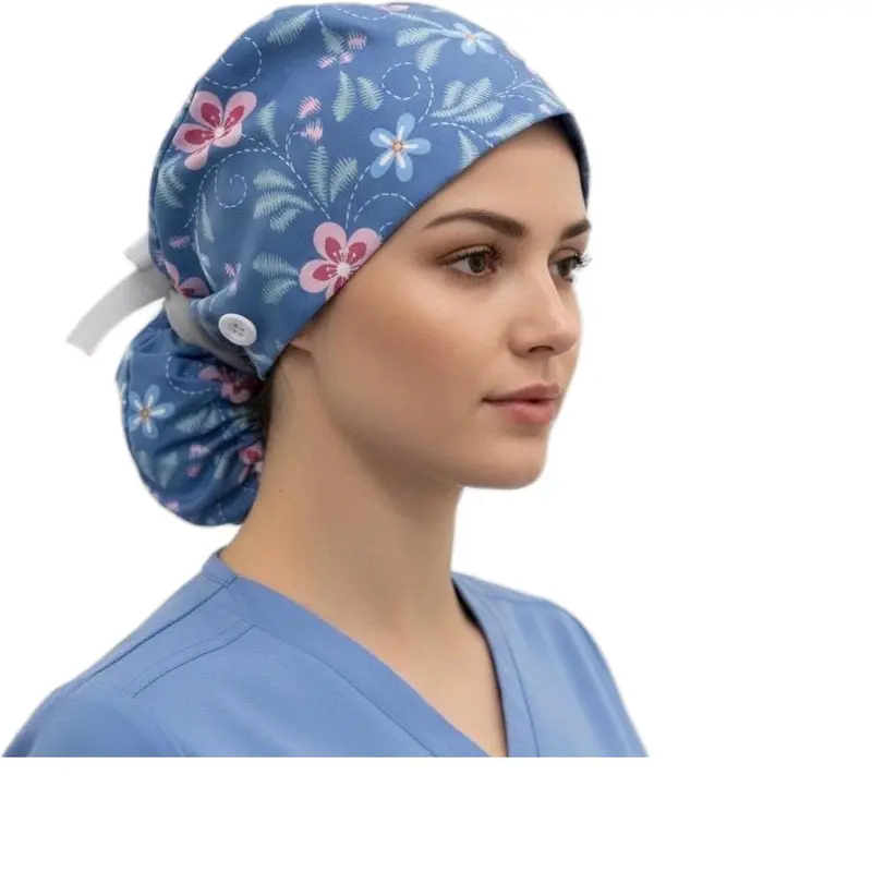 Ponytail Scrub Cap for Women Medical Surgery Uniform Hat with Hair Pouch Blue Floral Design for Nurses OR Surgical Techs & Doctors