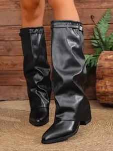 Women's Leather Foldover Shark Buckle Knee-High Pointed Toes Boots, Fashion Dress Boots for Trendy Women, Durable Comfortable Women's Boots