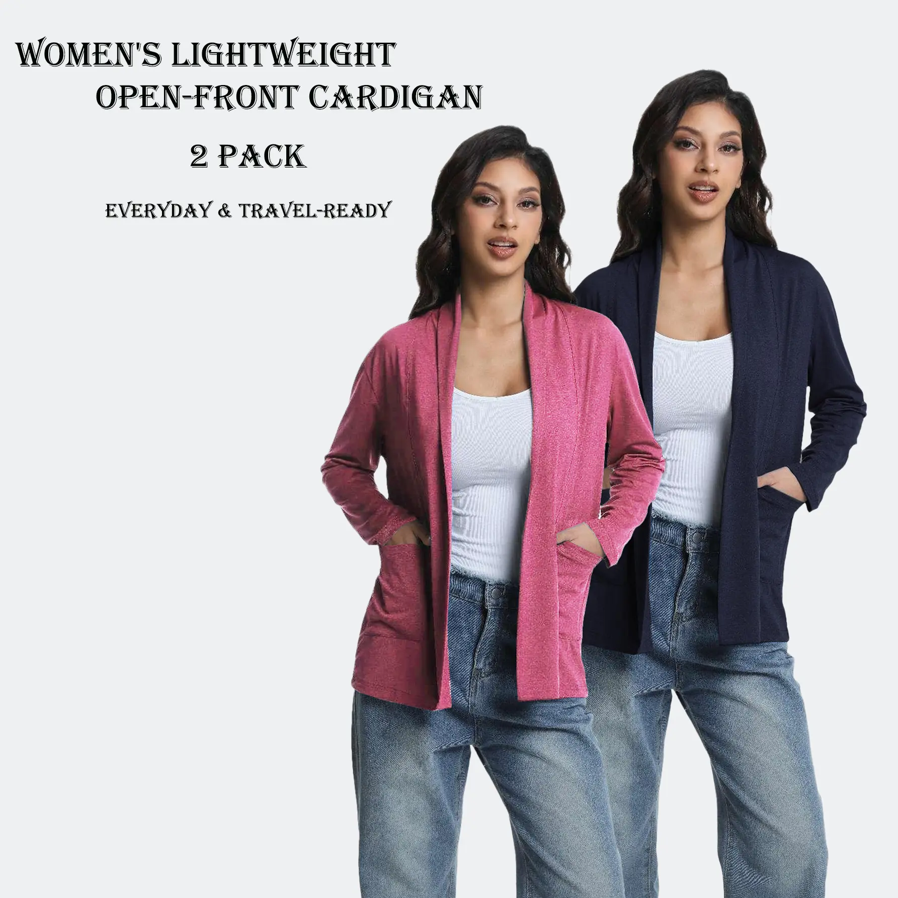 2 Pack Women’s Long Sleeve Open Front Cardigan Casual Lightweight Cardigan Long Sleeve Open Front Casual Lightweight Jackets with Pockets Loose Knit Outwear with Pockets For Everyday Travel-Ready Sunbathing On The Beach Knitwear Womenswear backtoschool