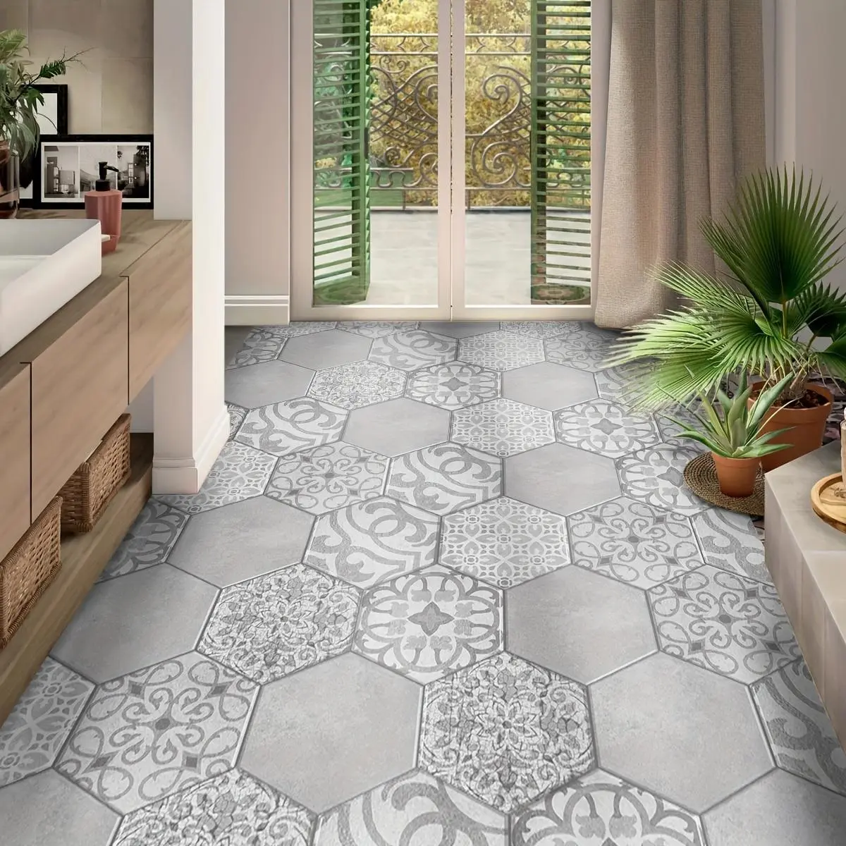 Spanish Style Tile Pattern Floor Sticker, Self Adhesive Floor Sticker, Decorative Sticker for Home Bathroom Kitchen Living Room, Ornaments, Tile Stickers, Decorative Tiles Stickers