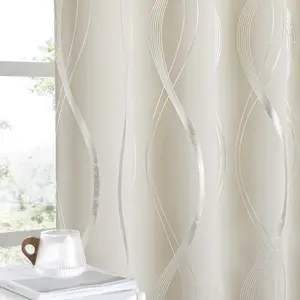 NICETOWN Blackout Short Curtains Panels for Bedroom， Microfiber Noise Reducing Thermal Insulated Wave Line Foil Print Design Blackout Curtains for Office， Classroom (2 Panels， 52 x 54 Inch， Beige)