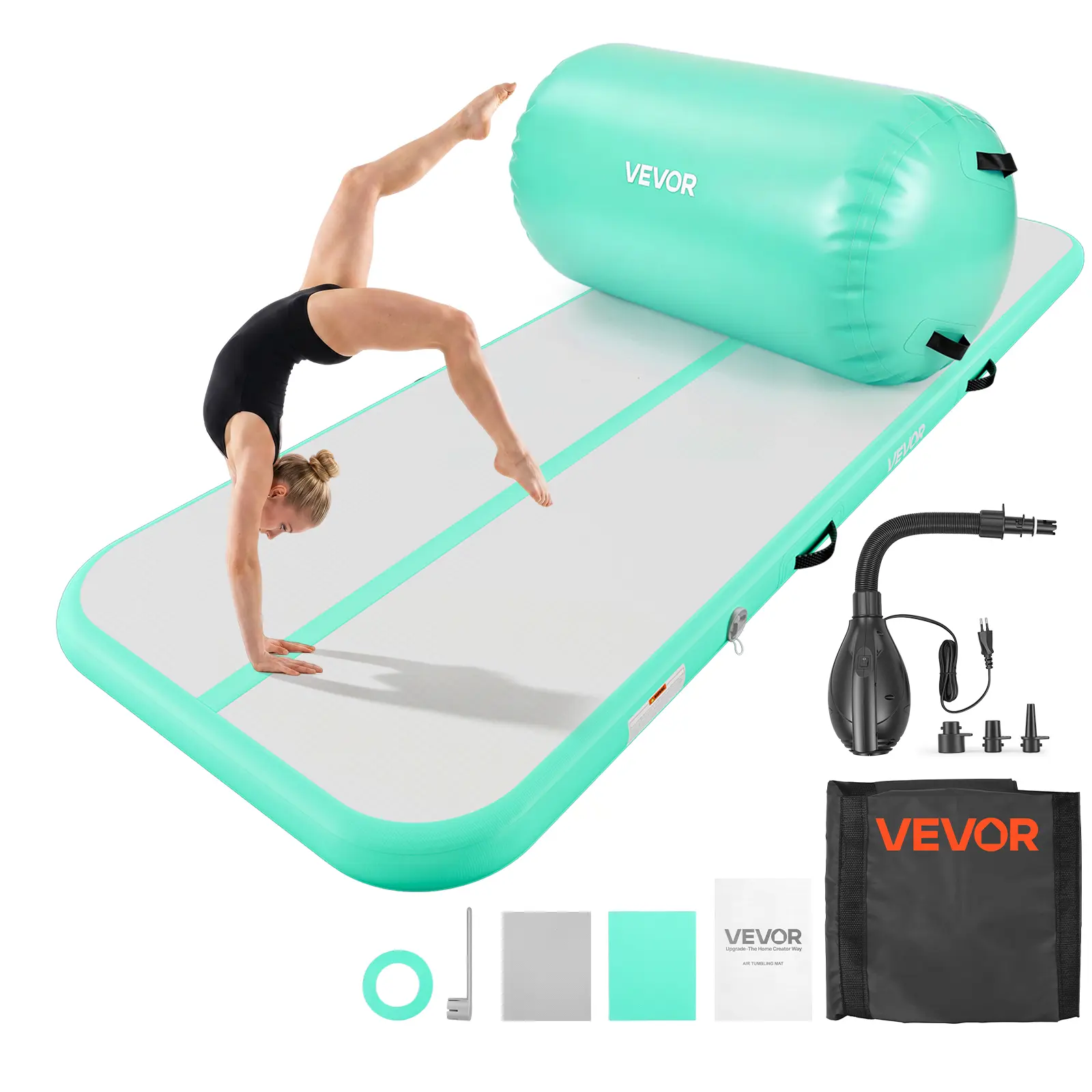 【SummerFinds】VEVOR Inflatable Gymnastics Air Mat with Air Barrel 10 ft Training Mats, 4 inches Thick Sturdy Tumble Track with Electric Pump, Tumbling Mat for Home Use/Gym/Outdoor/Yoga/Cheerleading, Mint Green