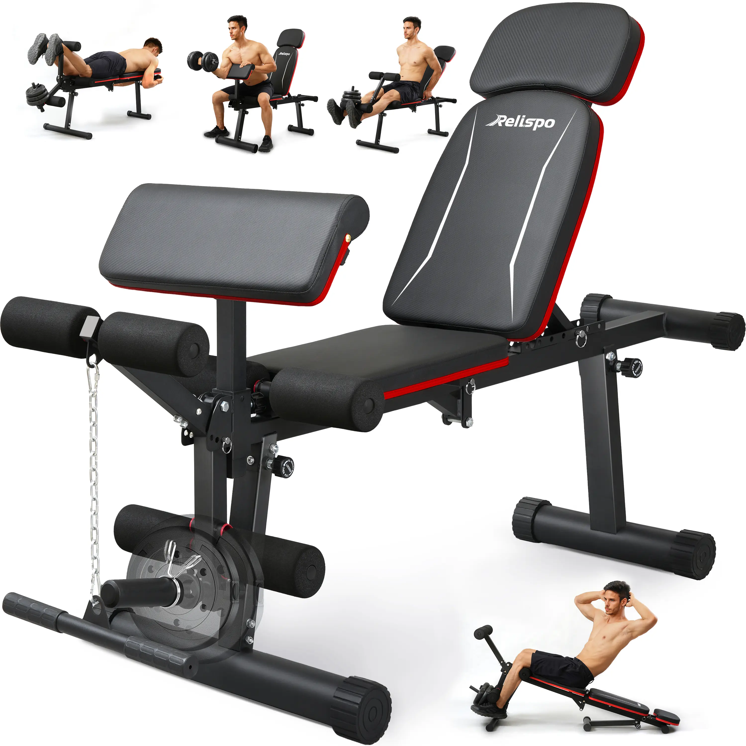 Relispo Upgraded Adjustable Weight Bench with Leg Extension and Leg Curl, 9 Back Positions & Foldable, 1200LB Workout Bench for Home Gym, Flat Decline Incline Bench for Full-Body Strength Training & Big Guys