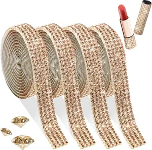 Rhinestone Ribbon Roll 4 Rows  Trim Rhinestone Strips Champagne Self Adhesive Rhinestone String with 2mm  Rhinestone Tape Bling  Ribbon Strip for DIY Crafts  Decoration