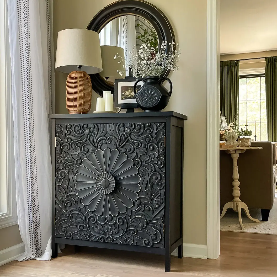 PHIVILLA Black Carved Floral Accent Cabinet with 2 Doors – Farmhouse Meets Modern, 245LB Storage, Solid Wood & MDF, Living Room/Bedroom/Hallway