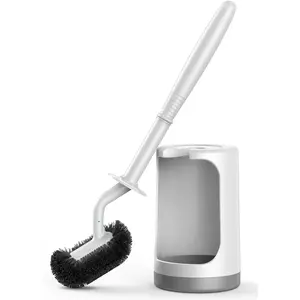 Toilet Bowl Brush Holder Set: Curved Design with Holder for Deep Cleaning Under Rim - Compact Hidden Scrubber for Small Space - Modern RV Bathroom Accessories - White