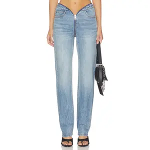 Alexander Wang Dipped V Zip Waistband Straight Leg Jeans in Authentic Light Indigo