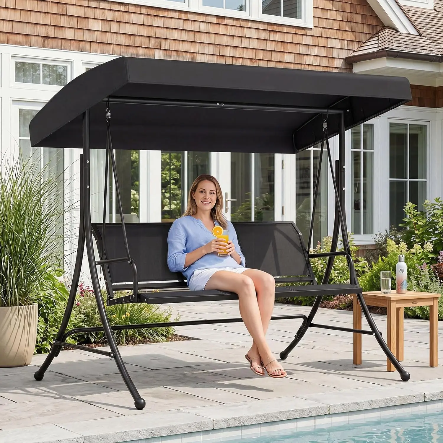 Vallmore 3-Person Porch Swing with Adjustable Canopy | 800 LB Capacity, Breathable Quick-Dry Fabric Seat, Powder-Coated Steel Frame, Spring Hooks & Anti-Slip Pads — Outdoor Family Swing for Lawn & Garden