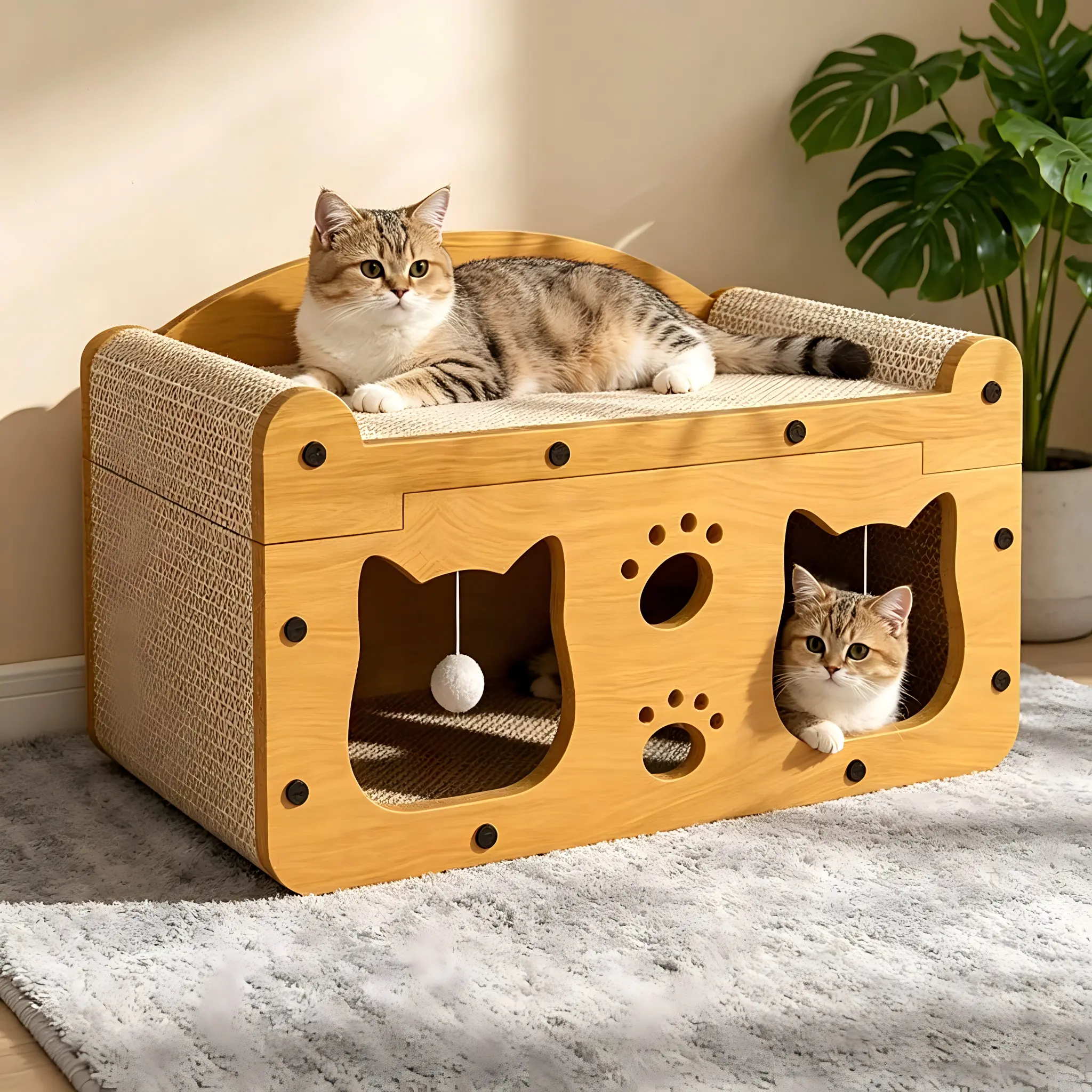 【10,000+ favorites】2-in-1 Cat Bed with Scratching Pad – Pet furniture for indoor cats, ideal for multi-cat households. Durable double-decker design, stylish and comfortable for all seasons. A wooden cat bed with a modern touch. House tiktokshopspringglowu