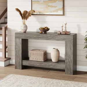 Garvee Rustic Gray 47" Farmhouse Console Table with 2-Tier Storage, Ideal for Living Room, Entryway, Hallway, and Entrance, Long Sofa Table Combining Style and Functionality