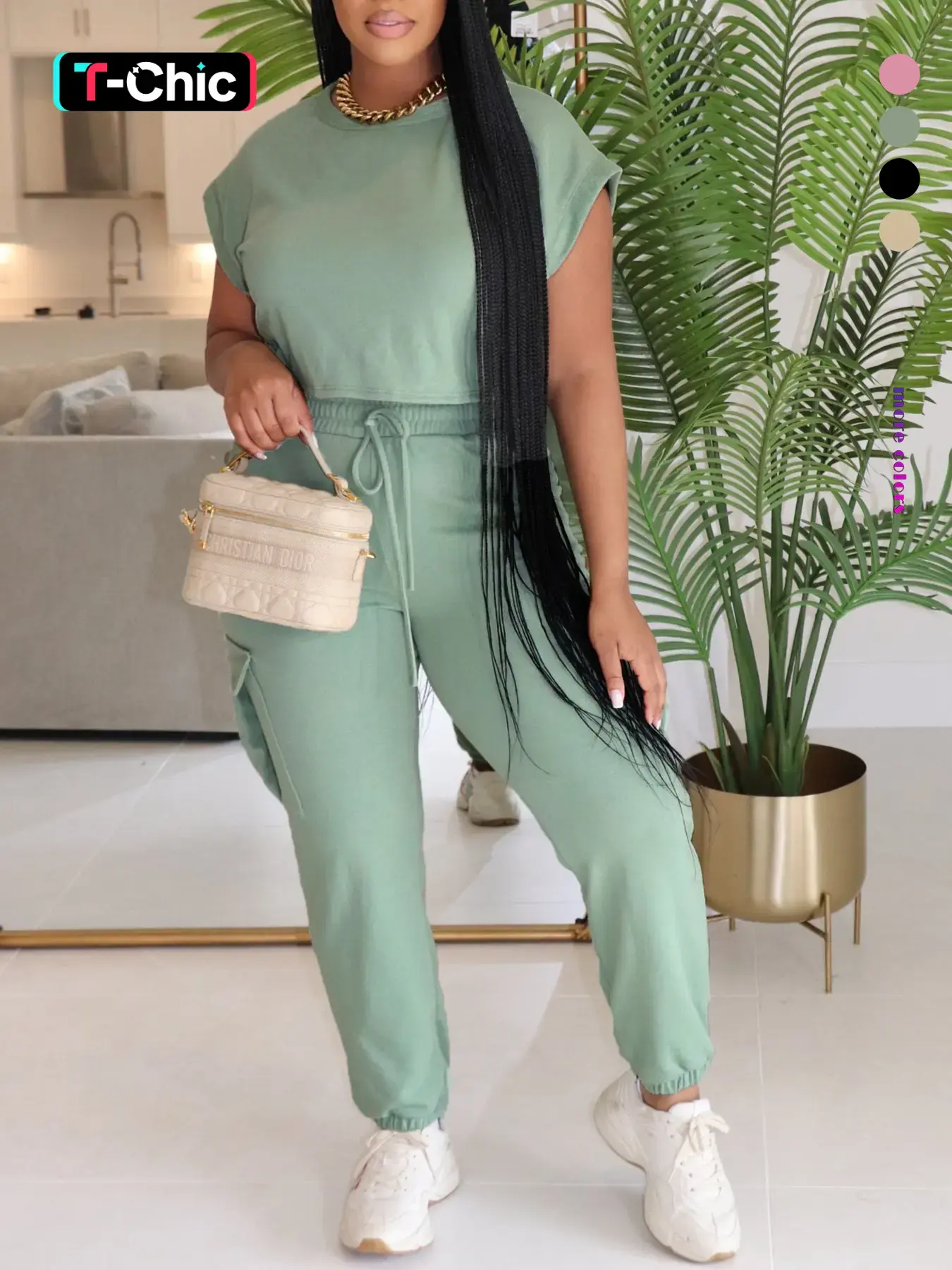 Women's Solid Color Batwing Sleeve Fitted Crop Top & Drawstring Waist Pants Two-Piece Set, Cropped Top Set, Casual Fashion Round Neck Top & Pocket Trousers for Daily Outdoor Wear, Ladies Two-Piece Outfits for All Seasons Womenswear Clothes