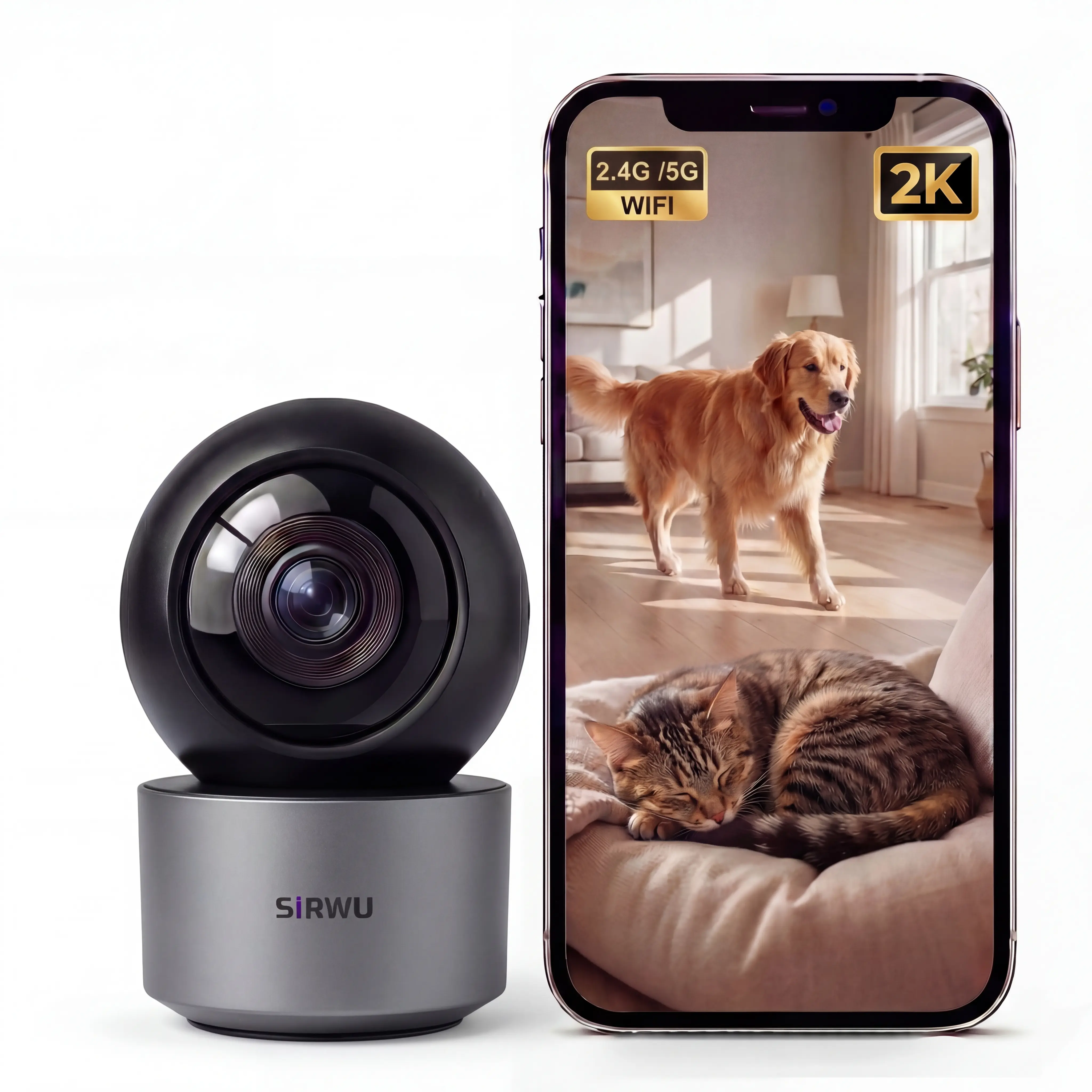 #SummerVibes #petlovers  AI Pet Camera, 3MP 2K HD resolution, indoor WiFi camera compatible with 2.4GHz/5GHz bands, featuring motion and person detection with auto-focus, compatible with Alexa and Google Home smart assistants.