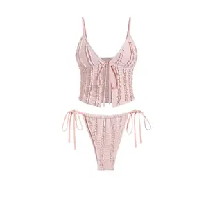 raspberrry pink ruffled trim textured swimwear