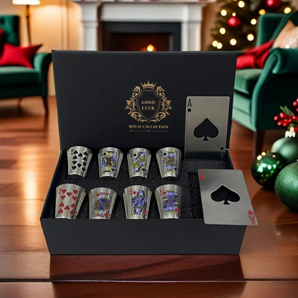1 Box of Stainless Steel Cup Set, 8 Stainless Steel Cups And 2 Bottle Openers, Yes, Good Luck in The Year, Suitable for Family, Outdoor, Party, The Perfect Gift for Family And Friends