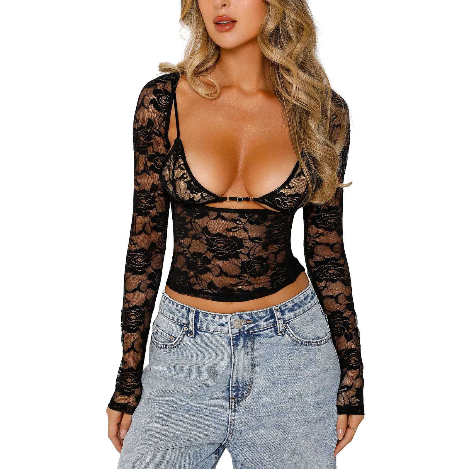 Women's Floral Lace Low-Cut Sheer Long-Sleeve Fitted Crop Pullover with Built-In Bra - Cute Shirts, Going Out Tops, Night Out Clothes for Women, Women's Clothes, Shirts For Women