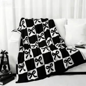 Buryeah Bow Flannel Throw Blanket Black and White Preppy Cute Reversible Cozy Soft Lightweight Plush Gift for Couch Sofa Bed Travel 50 X 60 Inch Applies to Super soft  decorative sofa/sofa/bedroom