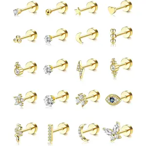 CASSIECA 20Pcs 20G Unisex Stainless Steel Ear Studs, Hypoallergenic Post Earrings with Cubic Zirconia - Tiny Cartilage, Snake, Star, Moon, Ball, Butterfly, Heart, Eye, Flower Designs (Screwback & Flat Back) Stud Earring Jewelry