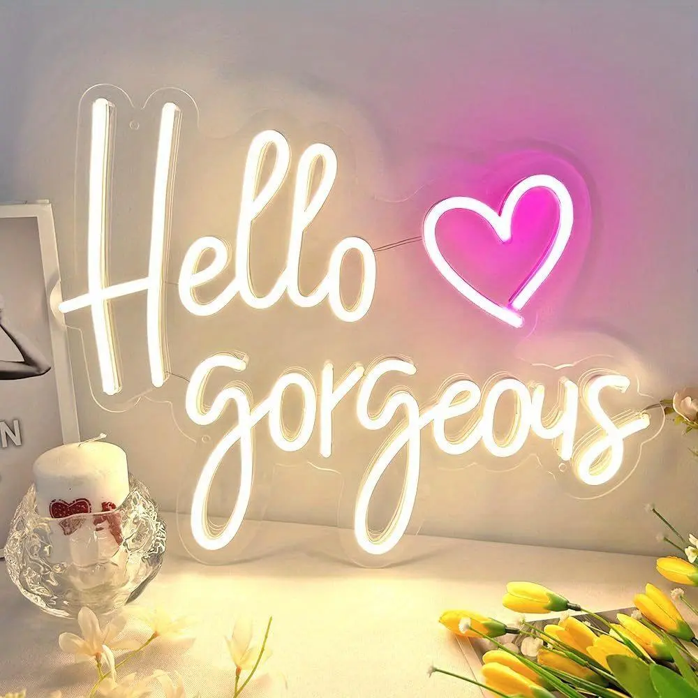 Hello Gorgeous Letter Neon Sign, USB Powered LED Neon Light, Led Light Letters, Decorative Neon Sign for Wall Party Decor, Bedroom, Bar, Wedding, Home, Birthday, Decorative Lights, Led Signs, Led Lit
