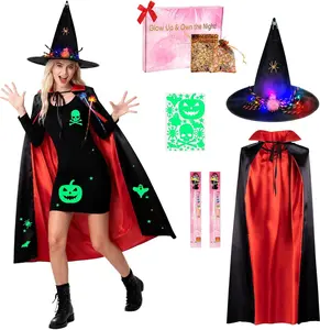 Light-Up Halloween Bundle Costumes,Glow Spider Witch Hats & Cape, Night Glow Decals, LED Hair Clips, Halloween Candy Bag & Gift Box for Spook Night Witch QDVDQ