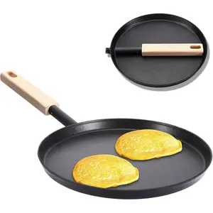 Frying Pan Skillet 8-inch Flat Griddle Pan, Lightweight Grill Pan with Wooden Handle for Camping Indoor Outdoor Cooking