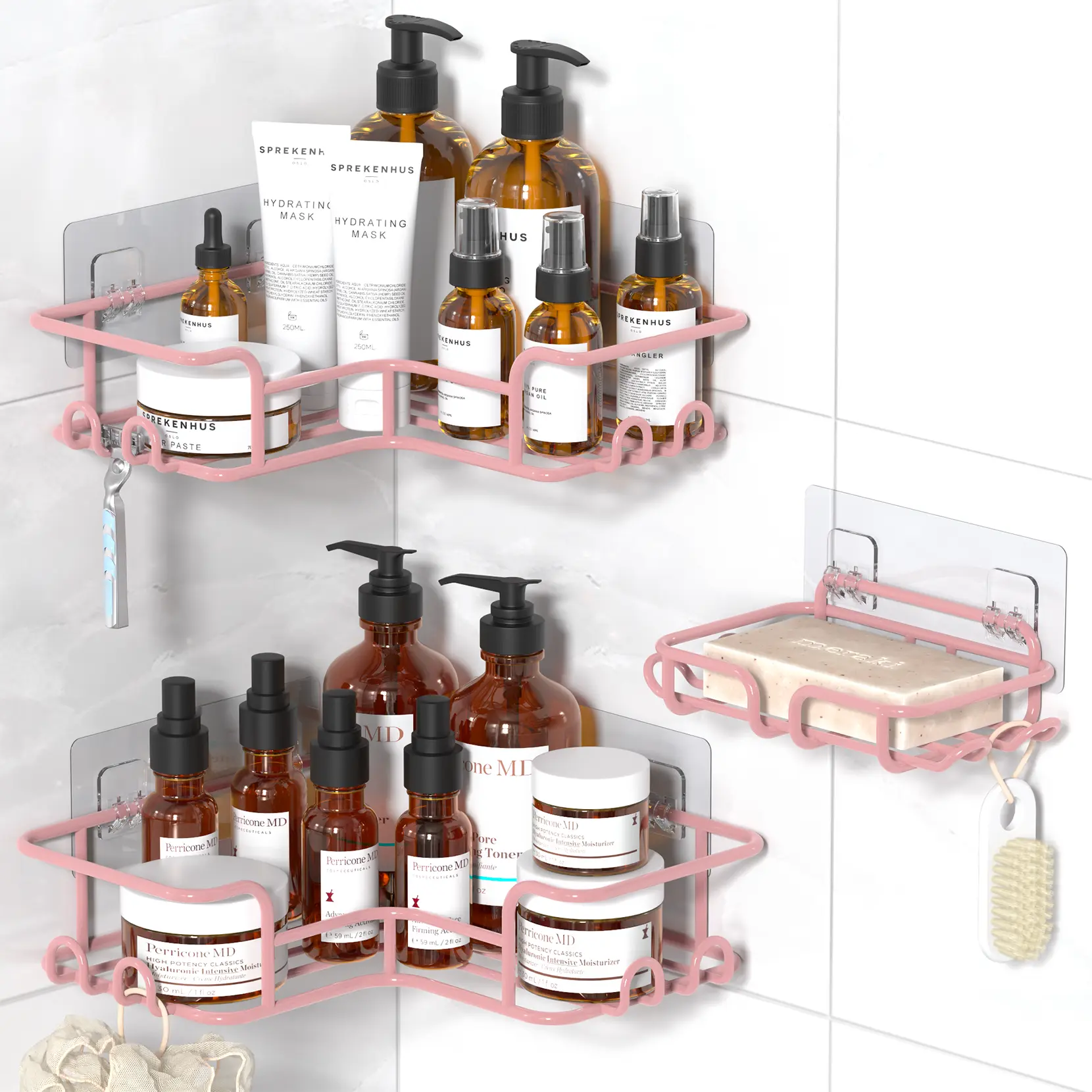 ZUZZEE Modern 3-Piece High-Quality Metal Bathroom Shower Organizer, Punch-Free Removable Rust-Resistant Waterproof Corner Shelf with Hollow Drain-Dry Bottom, Soap Spray Holder, 40lb Capacity, Adhesive Tape, Manual, Great for Showers Kitchens RVs