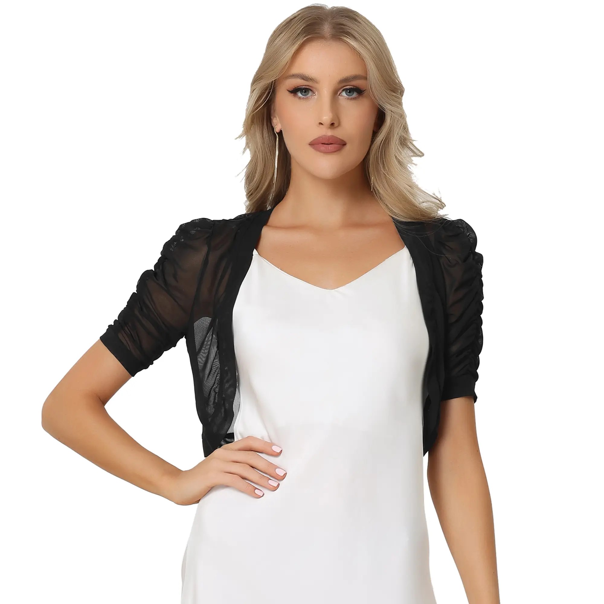 INSPIRE CHIC Casual Short Sleeve Mesh Sheer Shrug Open Front Cropped Cardigan Bolero