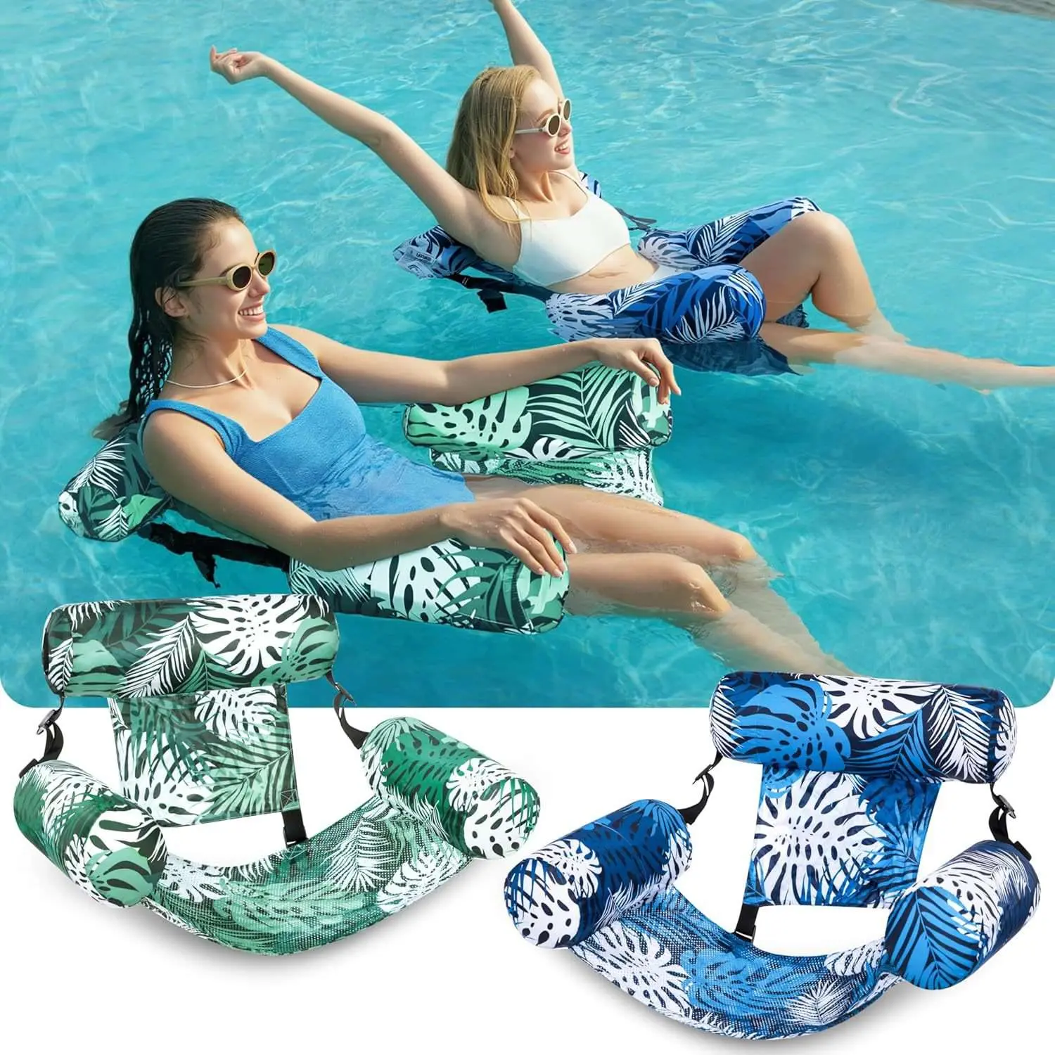 2 Pack Tropical Leaf Print Pool Floating Lounge Chair Inflatable Soft Water Recliner with Backrest Armrest Dual Color Blue Green Floating Seat Portable Swimming Float For Summer Pool Party Beach Lake River Backyard Outdoor Water Relaxation
