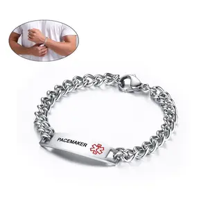 OIDEA Medical Alert Bracelet for Men Women, Stainless Steel Curved Bar Engraved Pacemaker Diabetes ID Wristband