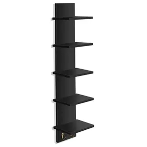 Sorbus 5 Tier Wall Shelf Unit with Hooks, Metal Organiser Racks Set for Home Decor, Bathroom, Bedroom, Living Room, Wooden Black Installation Kitchen