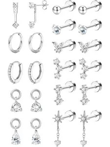 Hypoallergenic Silver Flat Back Earrings for Women - 14K Gold Plated Surgical Stainless Steel Earring Stacking Set | Small Stud & Hoop for Cartilage Helix Tragus Piercing Jewelry Comfort Gift