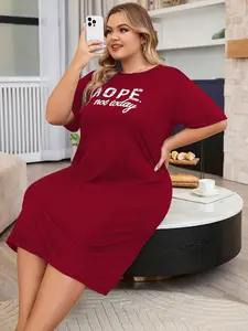 Women's Plus Size Simple Letter Print Soft Skin-Friendly Short Sleeve Round Neck Sleepwear, Loungewear, Comfortable Casual Homewear for Everyday Use, Soft Casual Nightdress