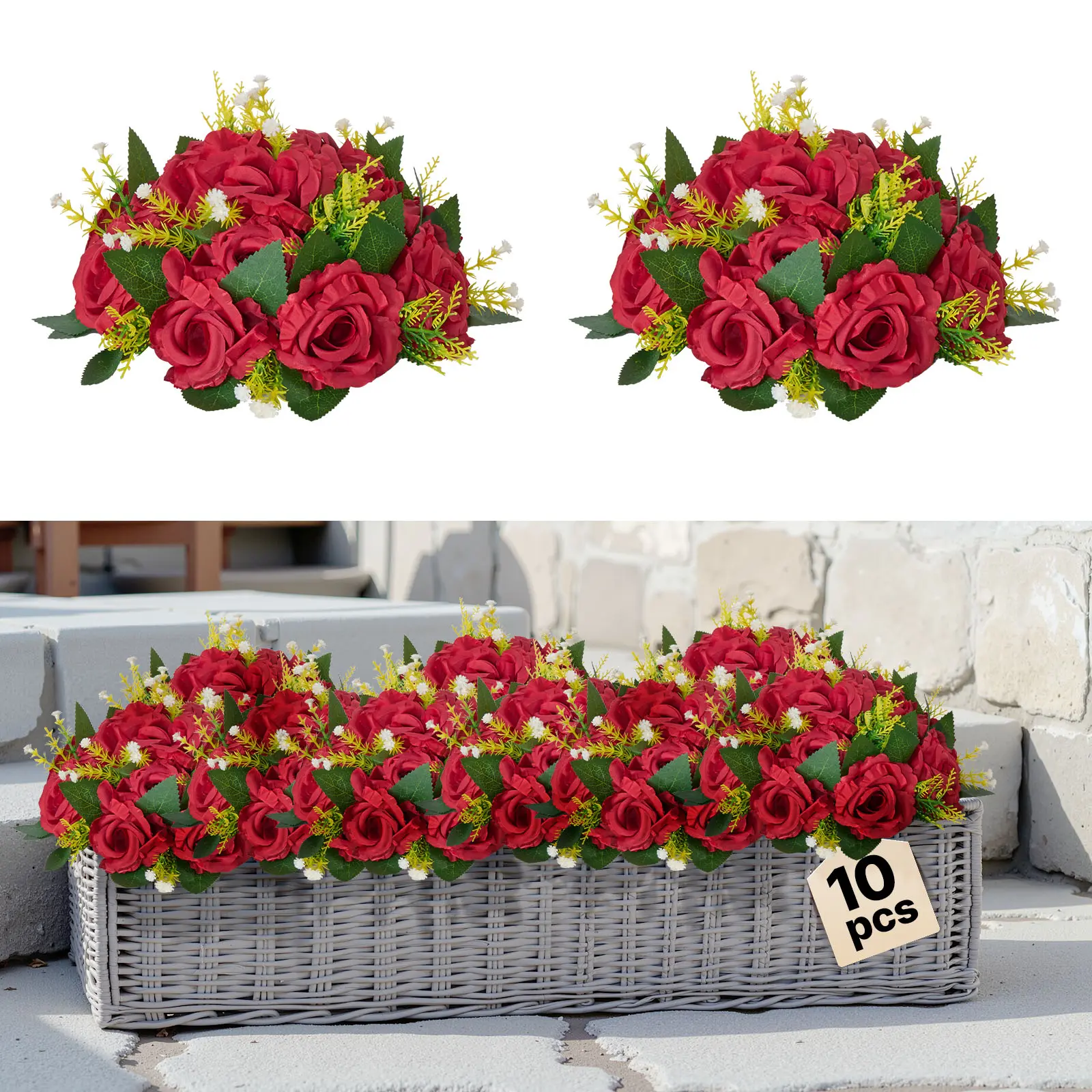 【SummerFinds】VEVOR Flower Balls Arrangement Bouquet 10 PCS, 9.5-Inch Wedding Red Roses Centerpieces, Fake Flowers Kissing Balls Decor Artificial Floral Arrangements Flower Bouquet for Home Party Table Decorations
