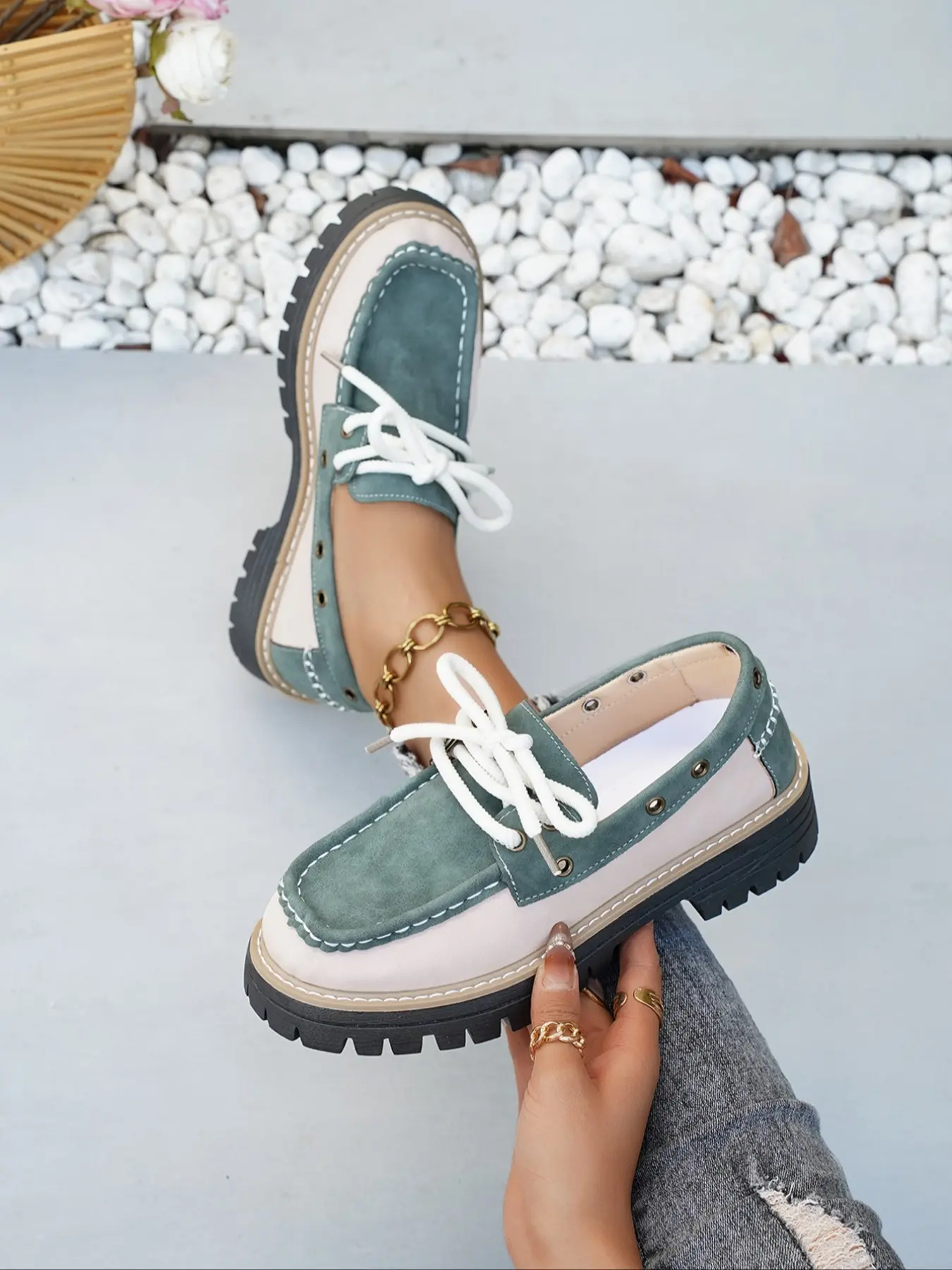 Women's Slip-On Loafers, Flatform Loafers, Thick Soled Loafers, Casual Wear Shoe, Colorblock Round Toe Thick Sole Chunky Heel, Fashionable Elegant Platform Shoes for All Seasons