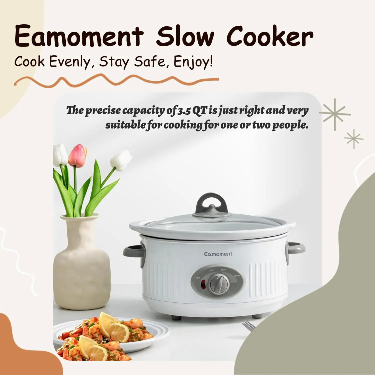Slow Cooker 3.5 Quart Mini Ceramic Pot with Adjustable Temperature for Main Dishes Sauces Stews and Dips Dishwasher Safe Glass Lid and Pot White