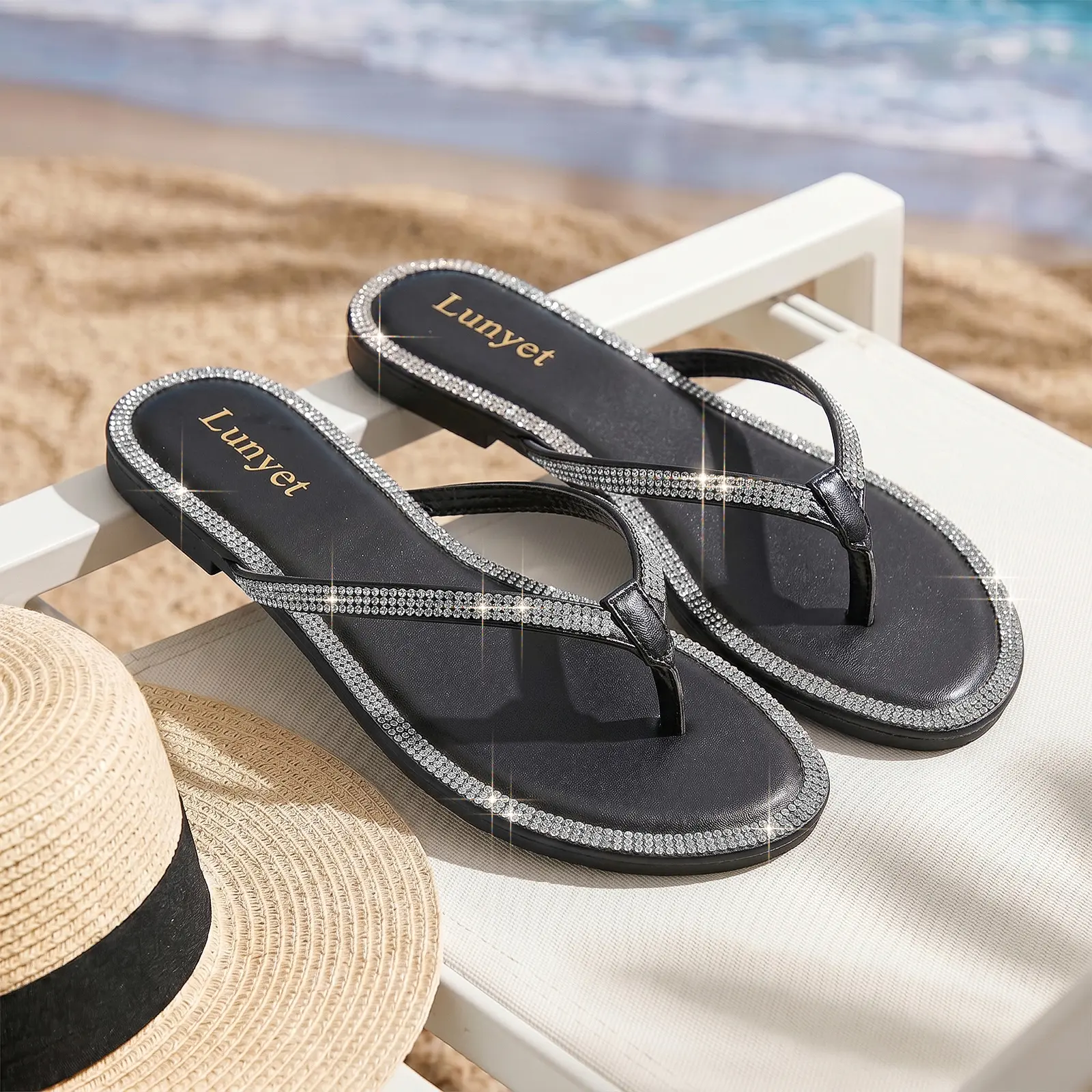 Women's Sparkly Glitter Rhinesone Flip Flops Open Toe Flat Sandals Girl Fashion Comfortable Lightweight Footwear Non-slip Summer Casual Dress Shoes Thong Slippers for Wedding Party Beach Vacation