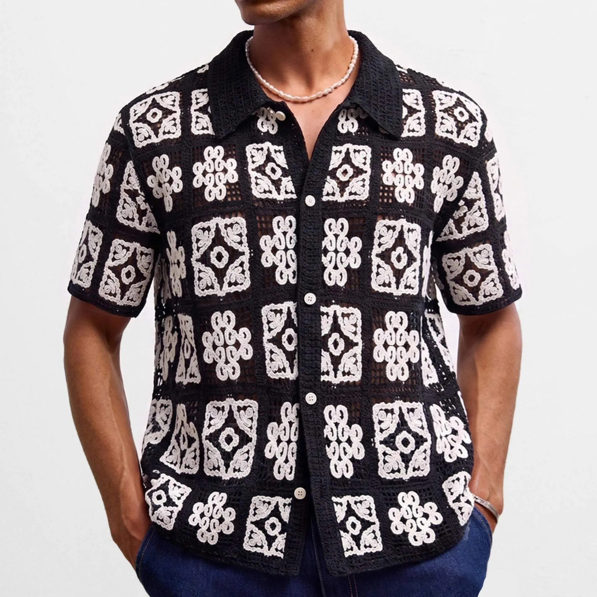 Men's Crochet Plaid Knit Tops, Short Sleeve Slim Fit Hollow-Out Sweater in Acrylic Fabric, Menswear, Casual, Plaid Block, Crochet Knit, Garment, Asian