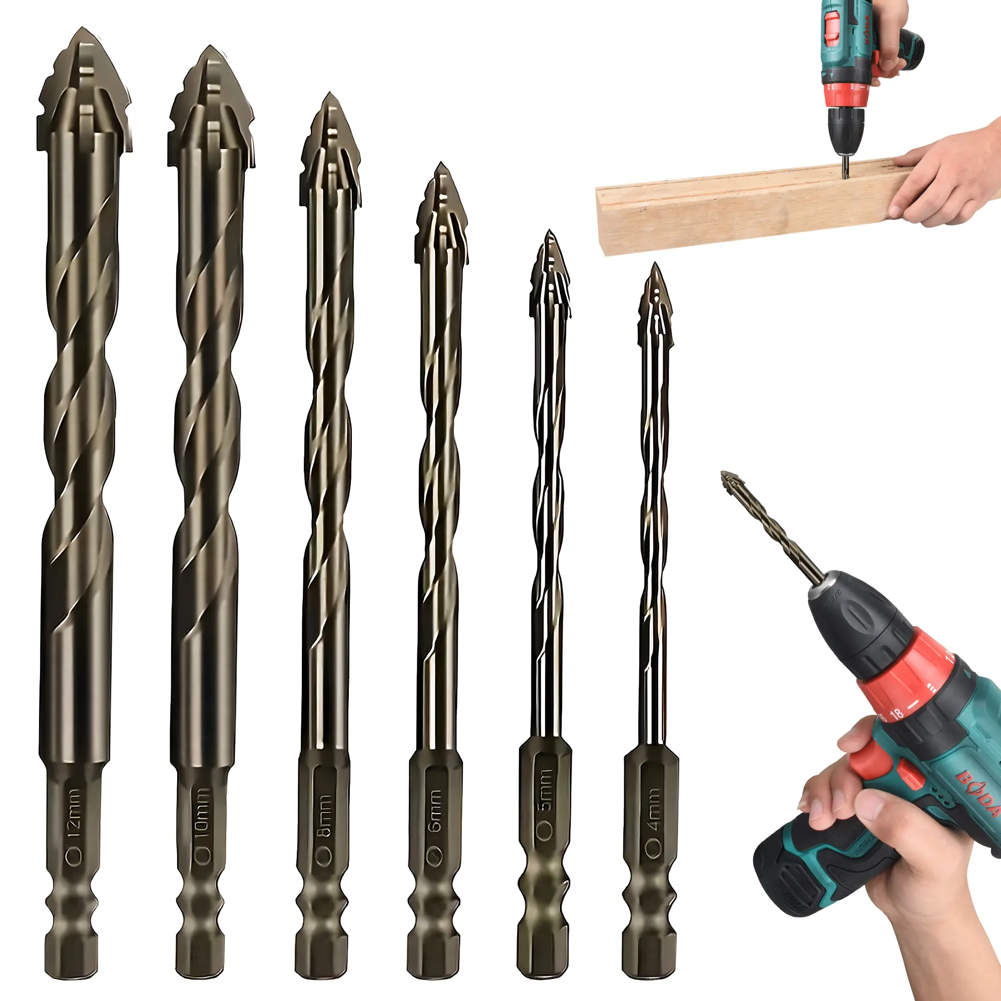 6 Count Four Edged Serrated Eccentric Drill Bit Set(4/5/6/8/10/12mm) ,New Four-Flute Sawtooth Eccentric Drill Bit for Tile, Brick, Glass, Plastic and Wood,Work with Ceramic Tile, Wall Mirror, Paver on Concrete or Brick Wall