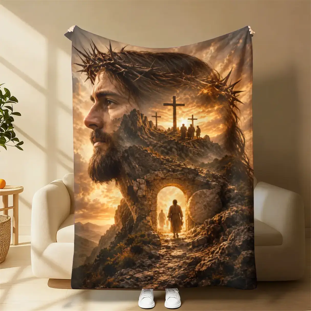 Jesus Crown of Thorns Resurrection Christian Throw Blanket, Soft Cozy Lightweight Bed Blanket with Cross and Empty Tomb Faith Artwork for Couch Sofa Bedroom Decor, Religious Gift for Men Women and Families, Indoor Use, Living Room