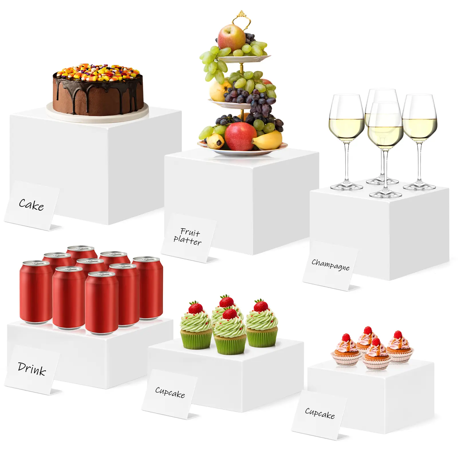 Reusable Medium White Acrylic Bakeware Display Boxes 6-Pack with Markers & Signs - Multi-Tiered Cupcake Carriers, Utensil Holder with 8in/7.5in/7in/6.8in/6in/5in Buffet Risers for Cafes, Switches from Desserts to Office Gear