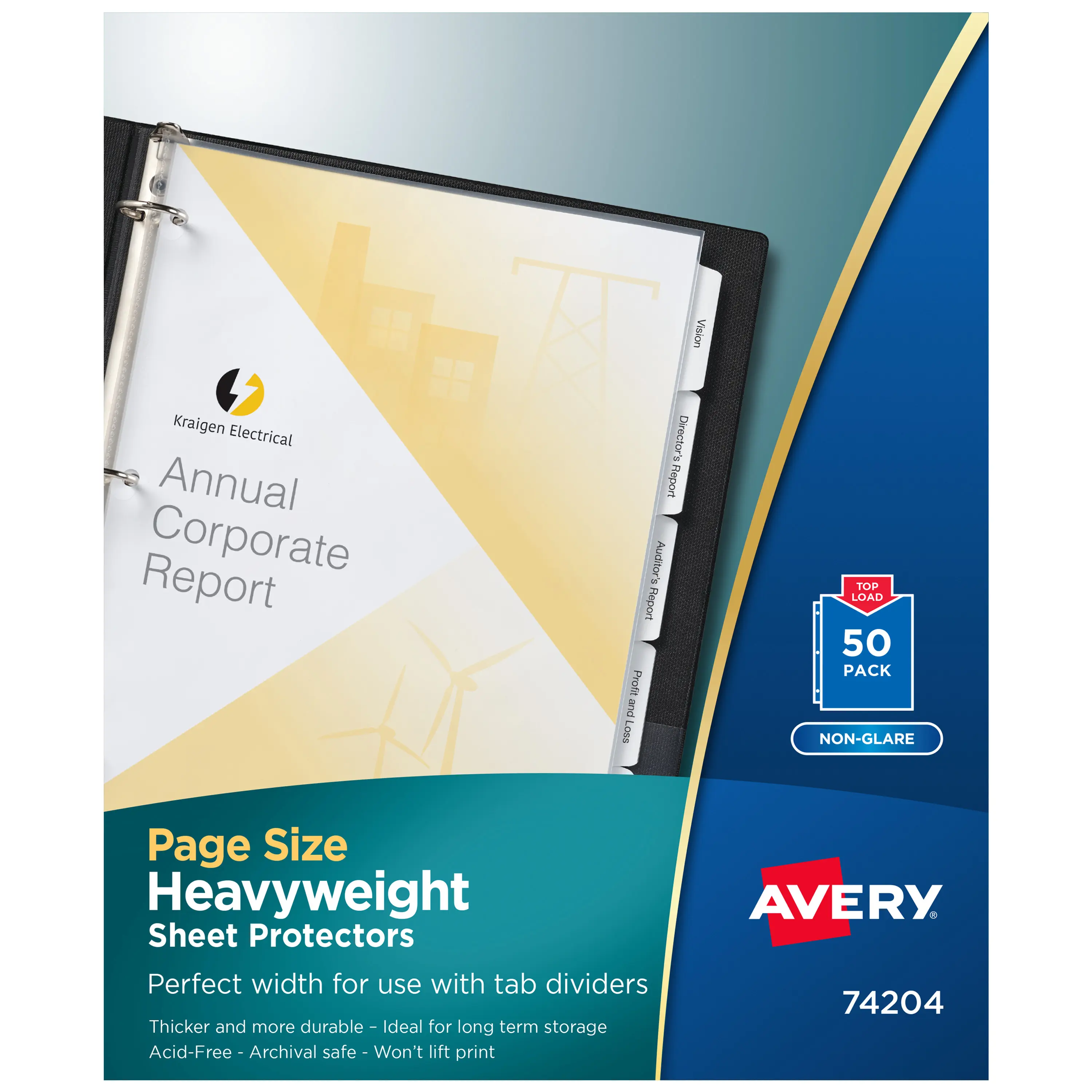 Avery Non-Glare Page-Size Office Accessories Sheet Protectors, Pre-Punched for Ring Binder Tab Dividers, Top Load, Acid-Free, Archival Safe, Durable, 50-Count Document Protectors (74204)
