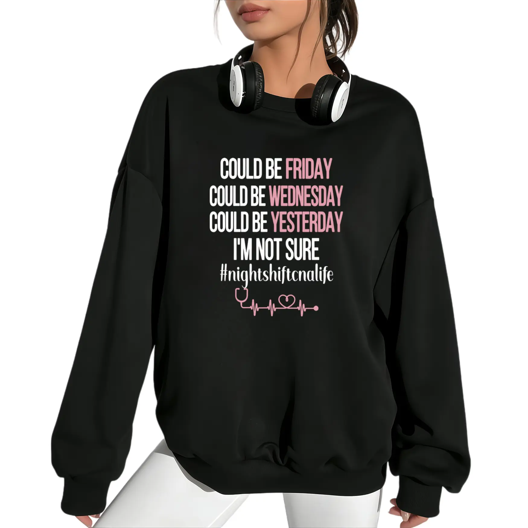 Women's Casual Longsleeve Nurse Sweatshirt - 100% Nurse Humor, Pink Text, EKG Print, Comfortable Fabrics, Machine Washable Tops Clothes, Perfect for Gym, Gifts, Longsleeves