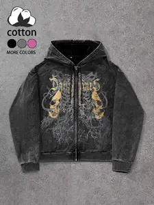 Gothic Style Dark Skull Print Hooded Sweatshirt, Vintage American Pattern, Long Loose Fit, Casual Streetwear, Fall & Winter, Unisex, Gothic Hoodie