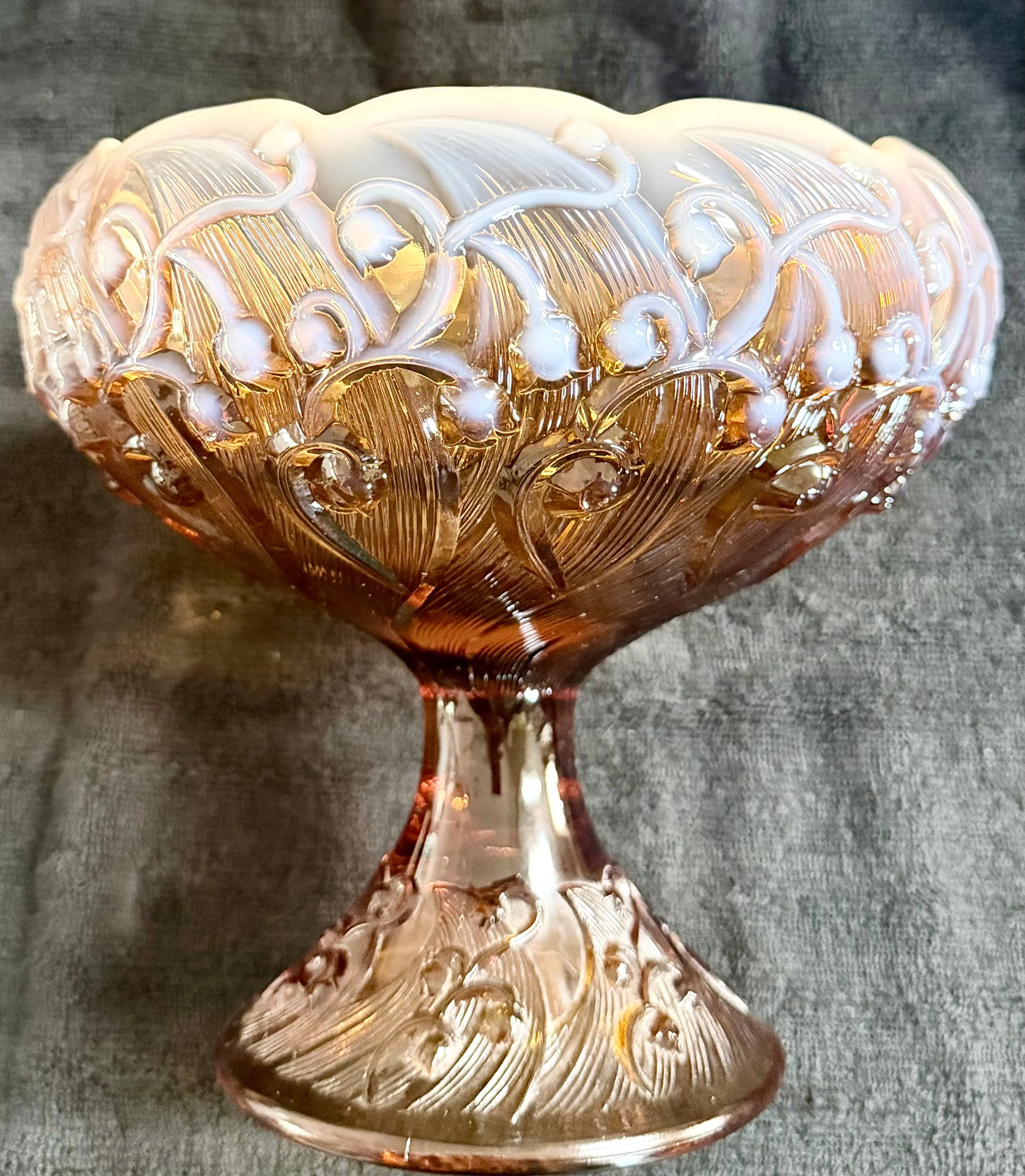Fenton Lily of the Valley Cameo Opalescent Compote — Footed Bowl, American Art Glass