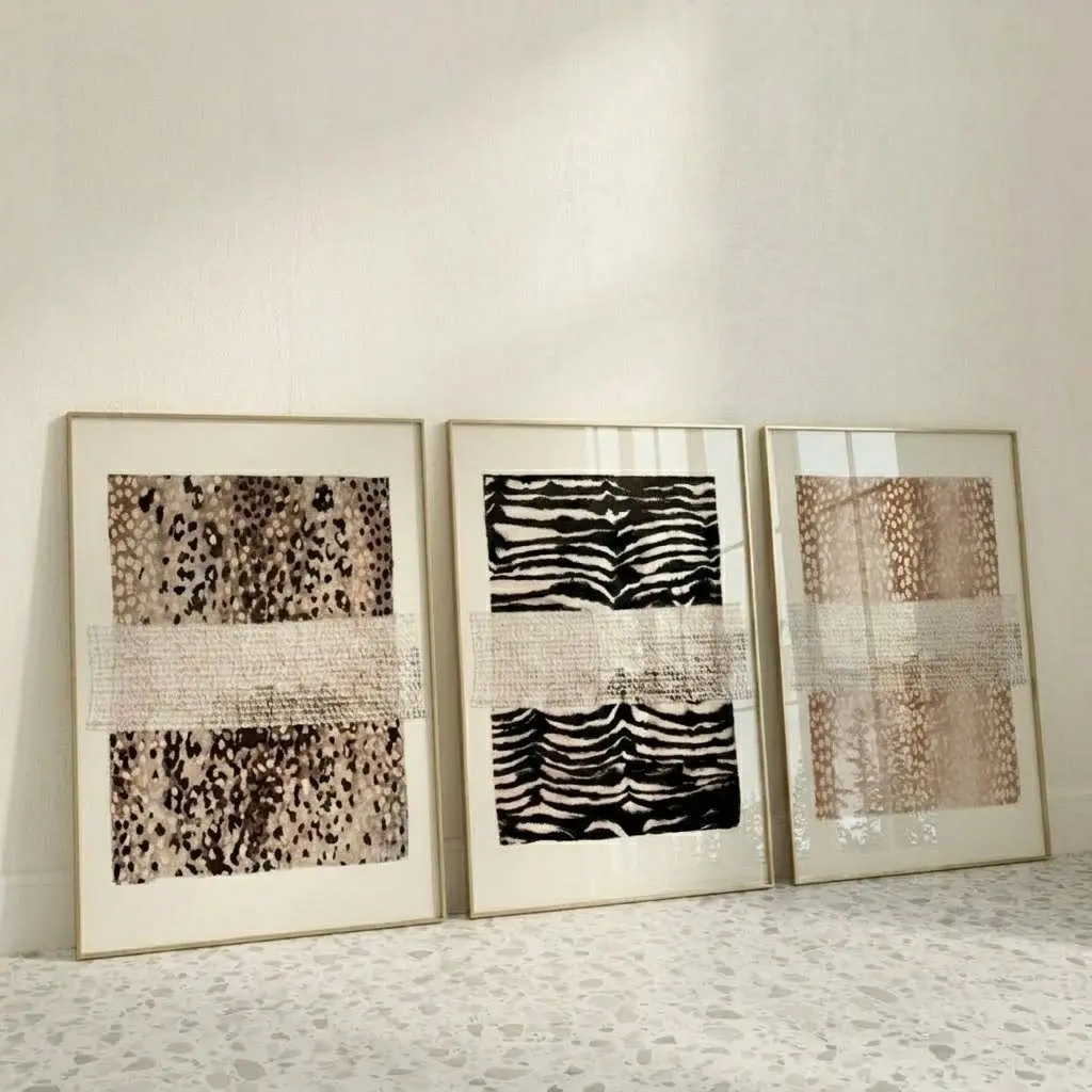 Unframed Neutral Animal Pattern Wall Art Set of 3 - Leopard Print Poster, Modern Black & White Zebra Art, Abstract Hand-Drawn Deer Decor