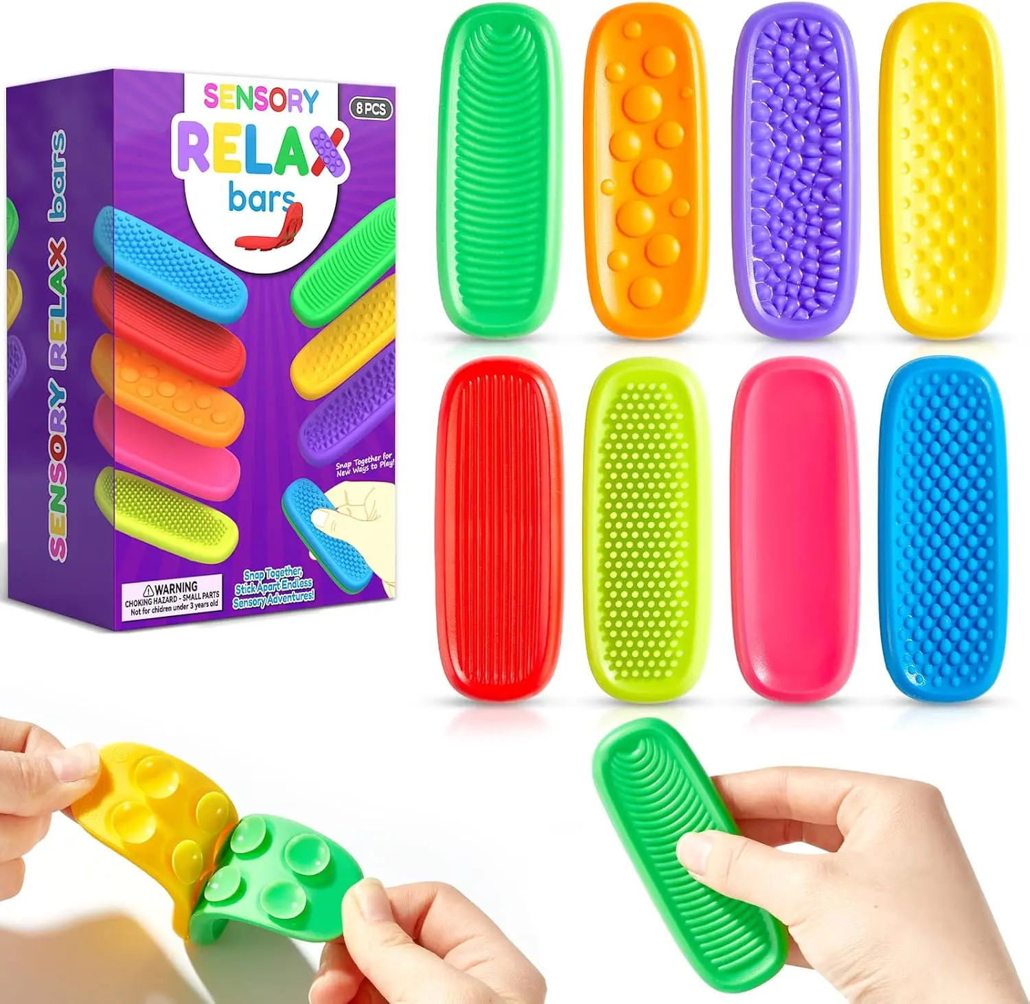 8 Pack Sensory Relax Bars for Kids, Textured Silicone Calm Strips, Quiet Fidget Toys for Stress Relief, Classroom Prizes, Travel Toys, Stocking Stuffers, Calming Sensory Toys for Kids, Teens and Adults sohochic