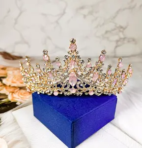 Pink Tiara Crown for Women, Wedding Tiara for Bride Queen Crown, Royal Princess Quinceanera Headpiece for Birthday Prom Pageant