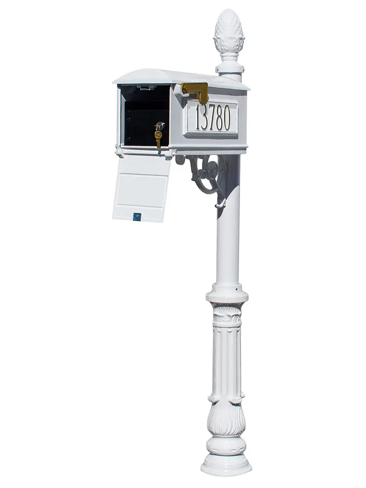 White Locking Mailbox Insert Post System - Ornate Base, Pineapple Finial, 3 Cast Plates, Mail Slot Lock Cylinders