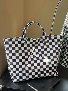 Fashion simple and spacious checkerboard tote bag, new daily commute ladies casual vintage bag