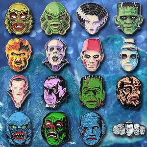 16pcs zinc alloy horror character enamel buttons, casual style geometric pattern needles, no need to wash, equipped with fashionable accessories, suitable for Halloween, gifts for friends and family