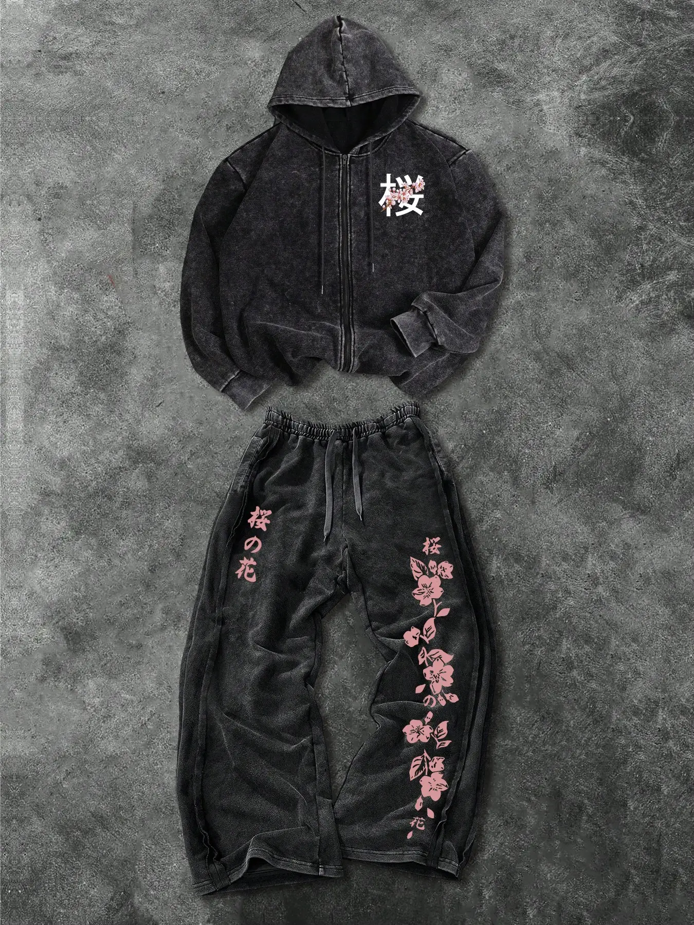 Men's Fashion Casual Two-Piece Set Streetwear Tracksuit with Cherry Blossom Print, Loose-Fitting Hoodie and Drawstring Pants for Sports, Spring and Fall, Sweatsuit Set Outfit, Tracksuit Sets